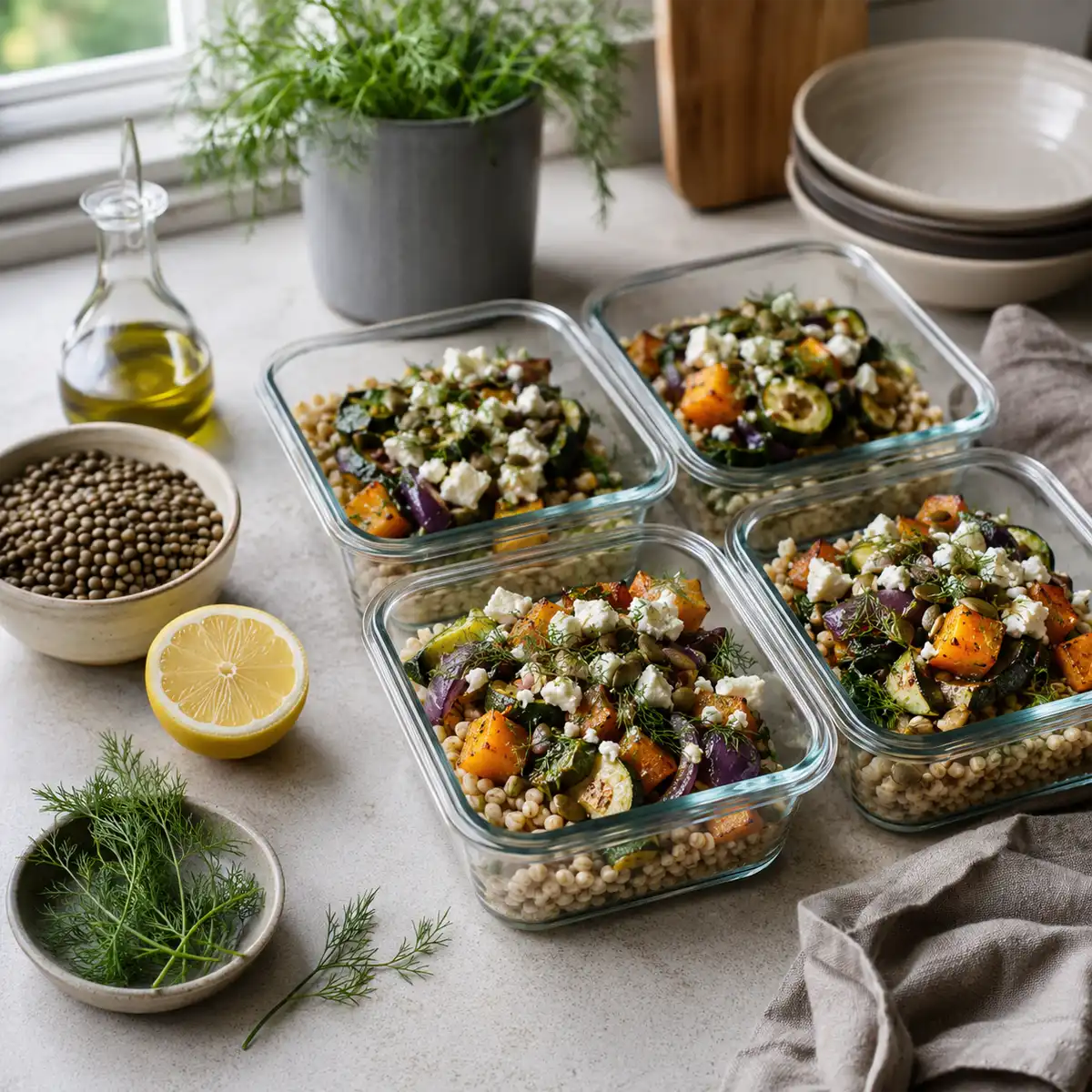 Pearl barley and roasted vegetable bowl with crumbled feta and dill — a low-GI lunch recipe ideal for batch cooking