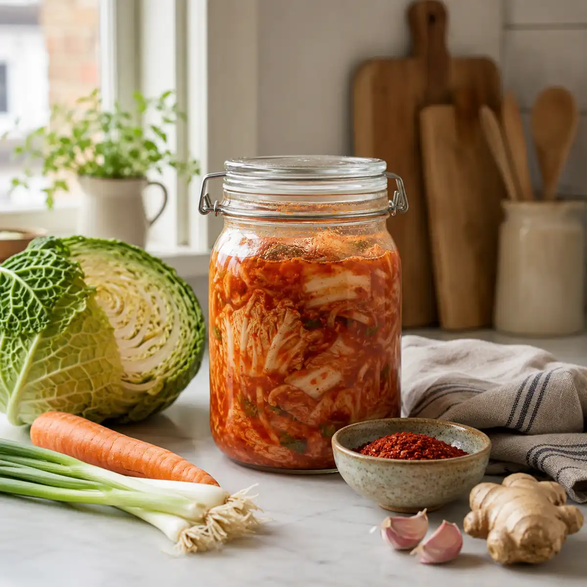 Spoonful of Homemade Kimchi A spoonful of homemade kimchi recipe UK style lifted from a jar, showing fermented British savoy cabbage coated in red chilli paste