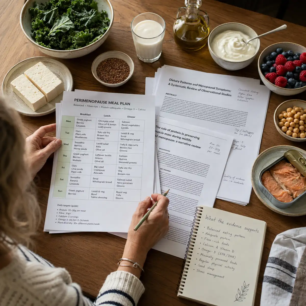 Soy foods including tofu, edamame, and soy milk laid out as phytoestrogen sources for perimenopause nutrition UK