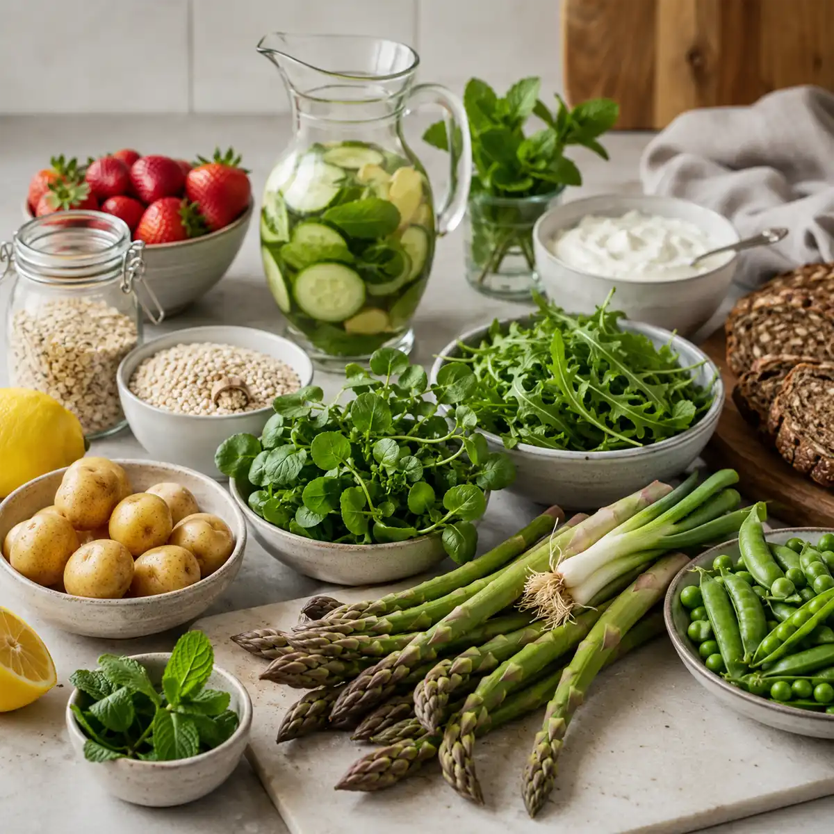 Spring green broth with pea shoots Spring green broth with pearl barley, leek, pea shoots, and spring greens in a white bowl β a vegan spring detox recipe UK