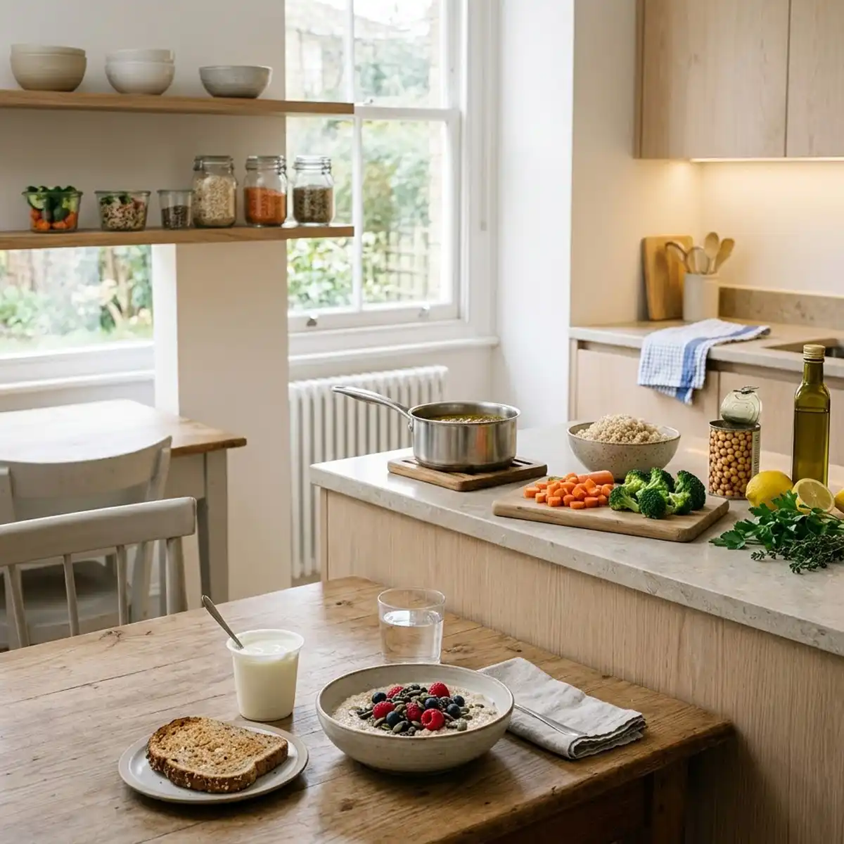 A well-stocked kitchen table showing a 7-day healthy eating plan shopping spread with fresh vegetables, pulses and wholegrains