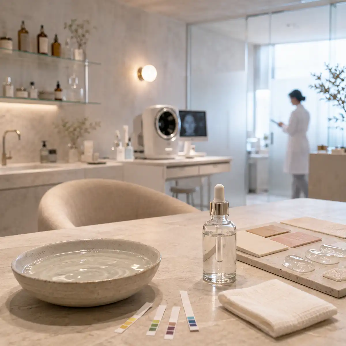 An array of pH balanced skincare products including gentle cleansers and serums arranged for a balanced skincare regimen