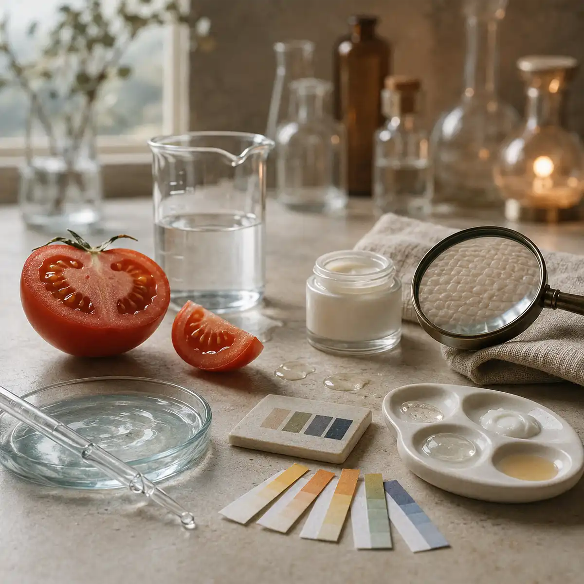 pH test strips laid beside a skincare routine chart, used to measure skin pH balance and guide product choices at home