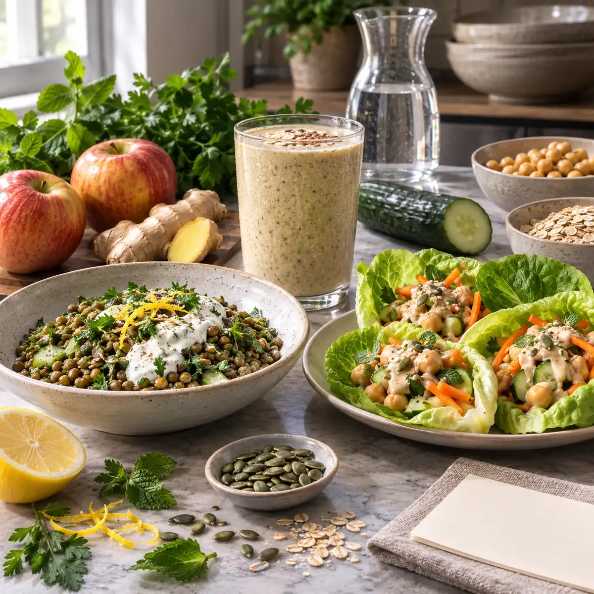 Chickpea Lettuce Cups Lunch Crunchy chickpea lettuce cups filled with tahini, carrot and coriander — a light 10-minute detox recipe for lunch