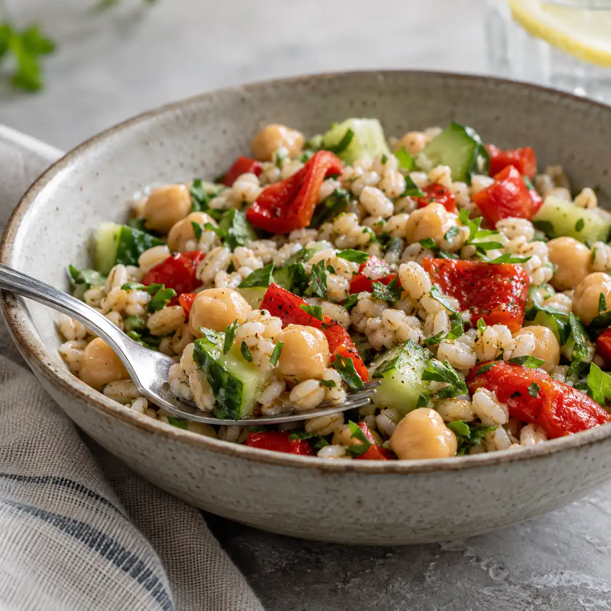 Pearl Barley Feta Bowl Pearl barley and roasted vegetable bowl with crumbled feta, a low-GI lunch recipe ideal for batch cooking and steady afternoon energy